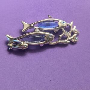Monet Elegant Blue 3  Silvertone Fish Brooch Pin Vintage